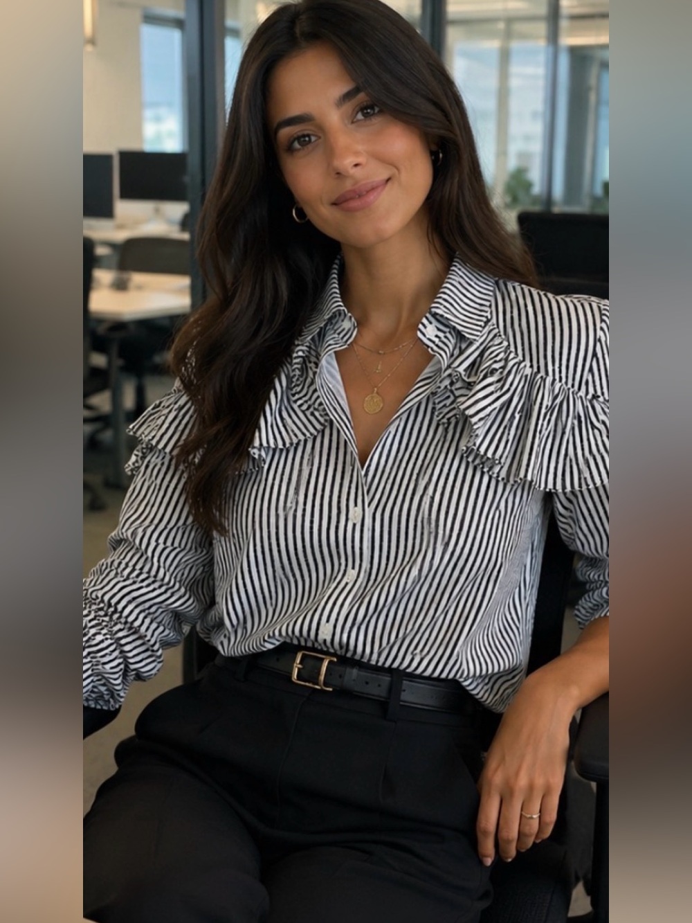 Button-down Stripped Long Sleeve Blouse